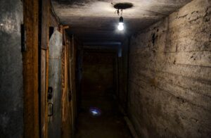 A terrible dark concrete corridor in the basement with locked doors, lit by a single light bulb